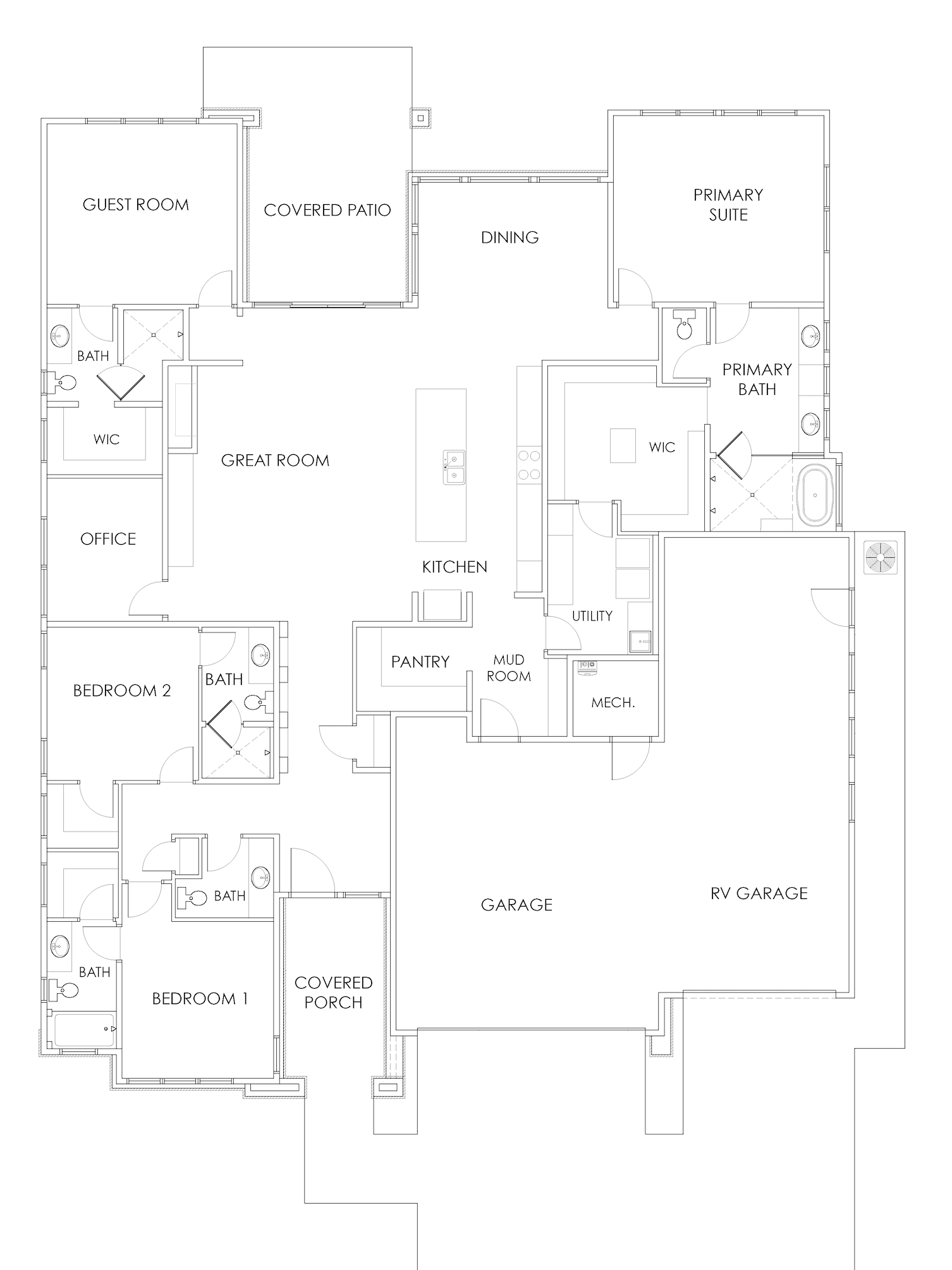 A detailed architectural floor plan of a residential house, showing rooms such as bedrooms, bathrooms, kitchen, dining room, great room, office, and garage areas.