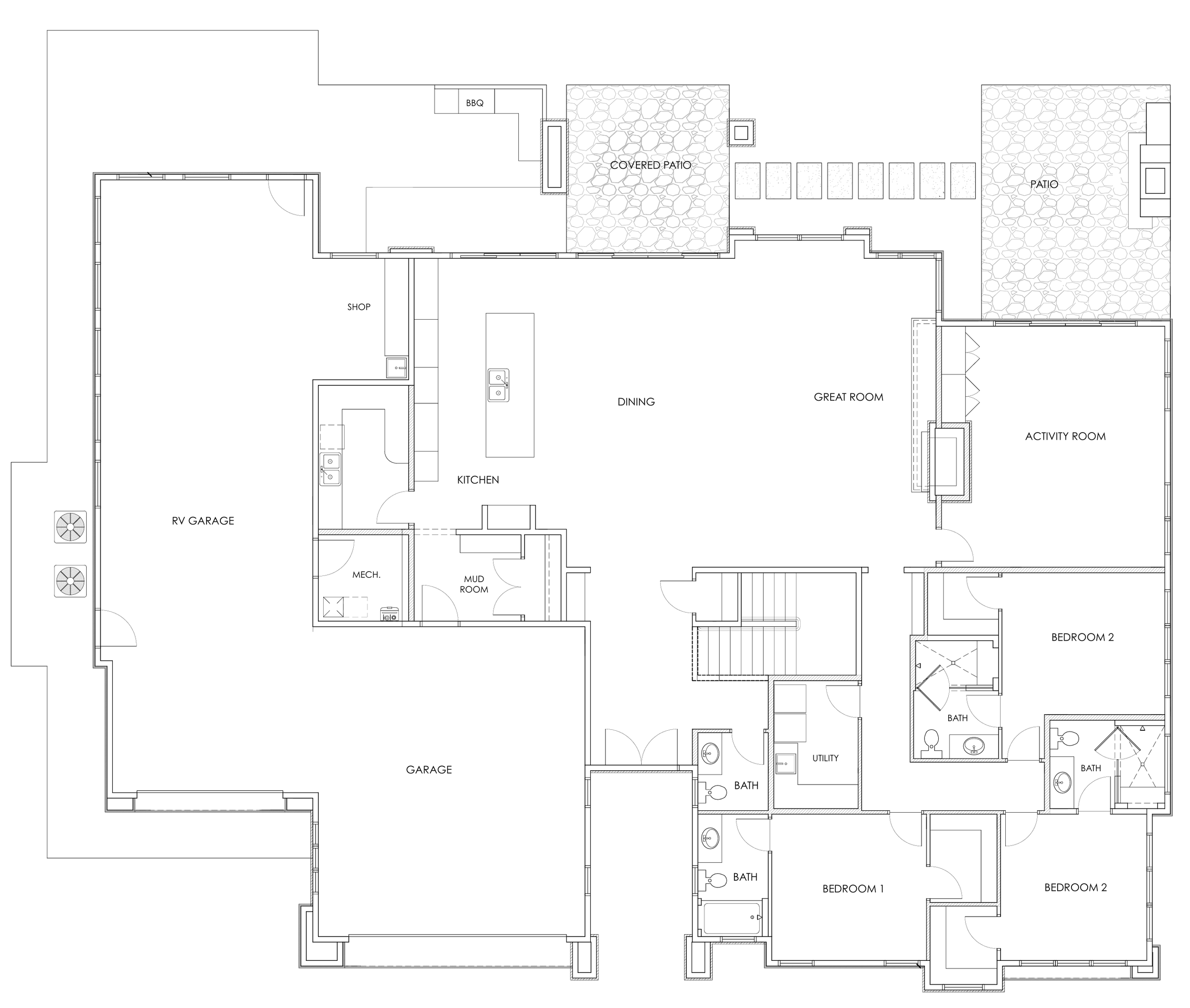 Architectural floor plan showing various rooms and outdoor areas of a house, including a garage, kitchen, great room, activity room, bedrooms, bathrooms, covered patios, patios, and a BBQ area.