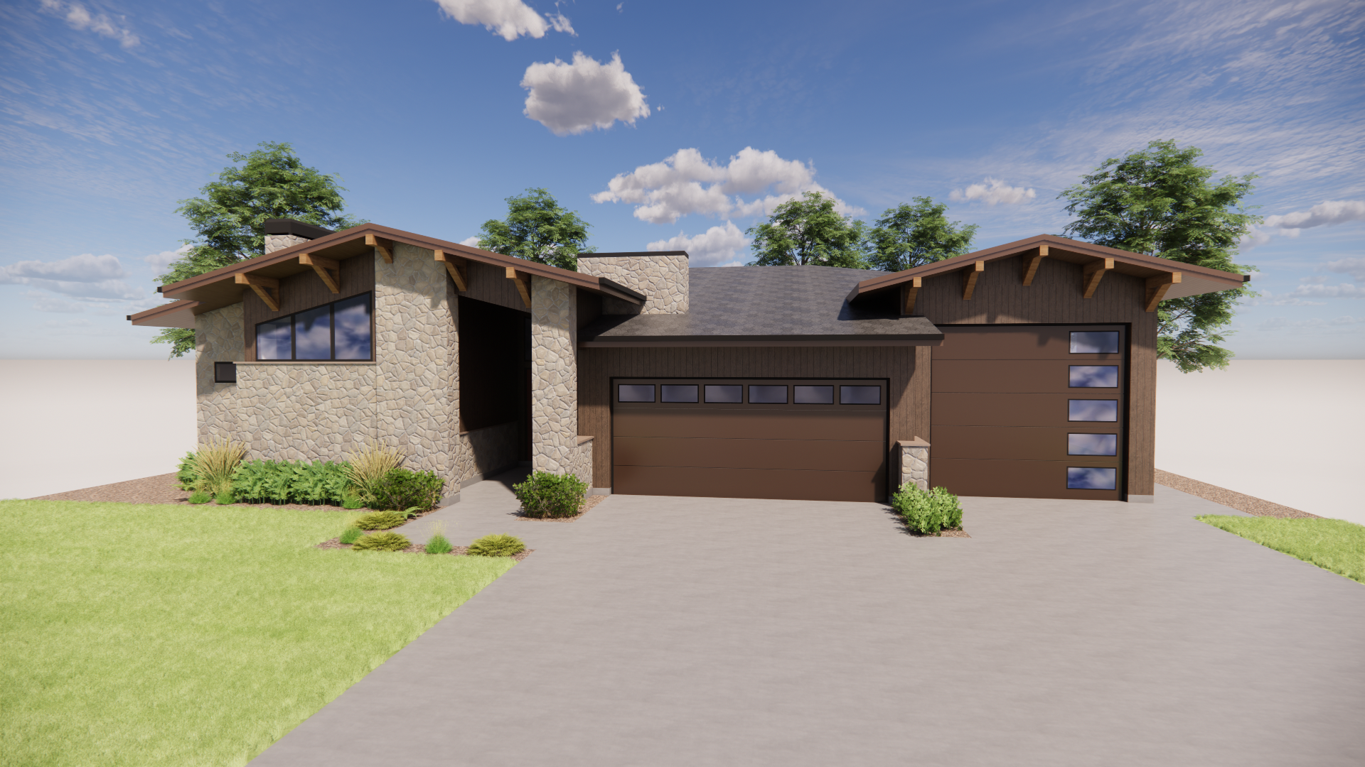 A modern house with stone and wood exterior, a black roof, large windows, and a two-car garage, set against a blue sky with clouds and trees in the background.