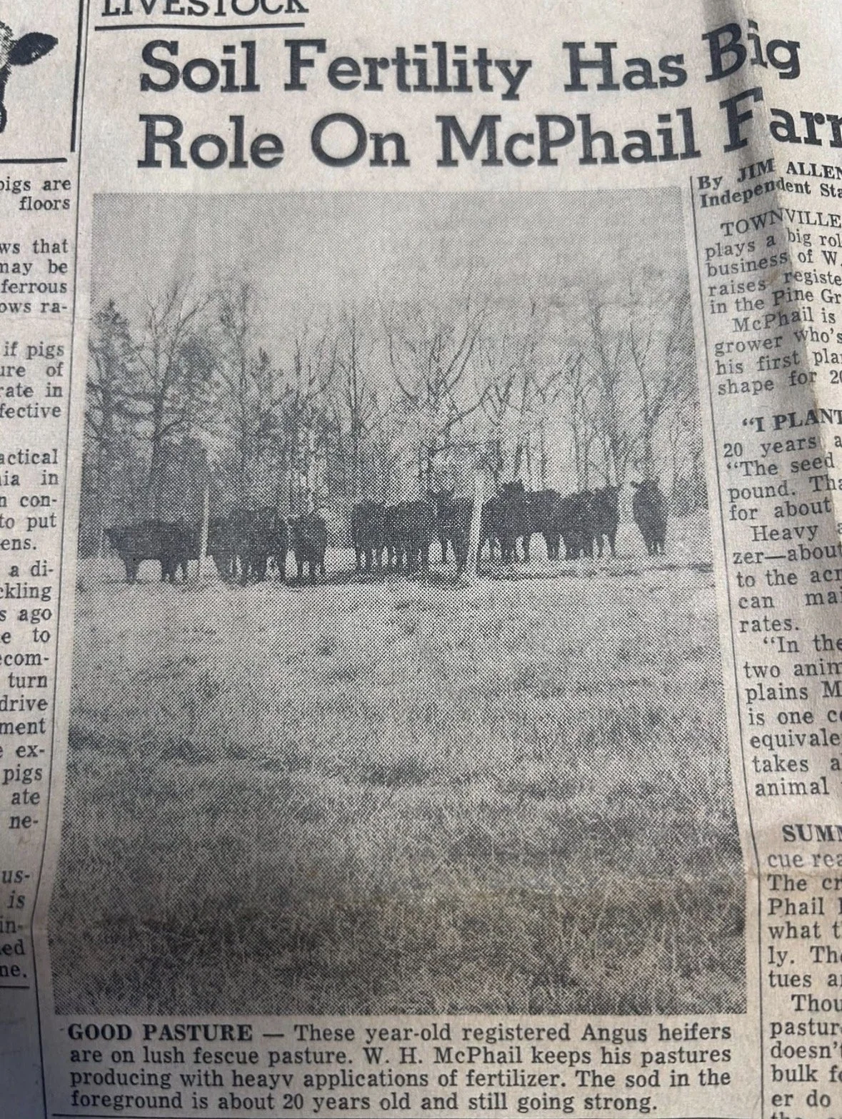 Soil fertility from WH McPhail in upstate SC