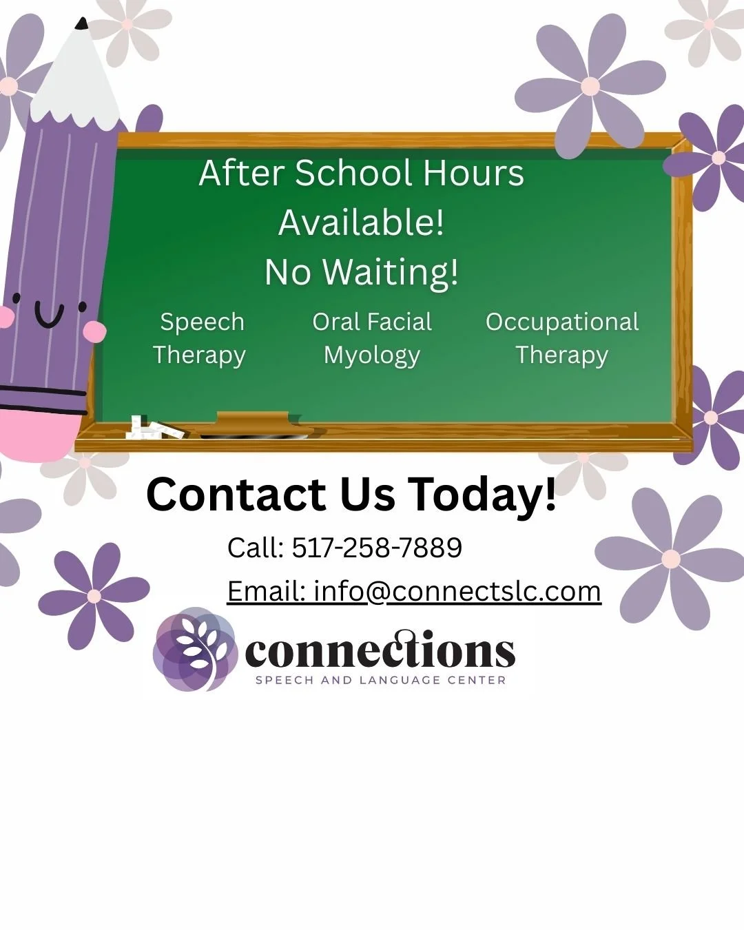 We now have convenient after school hours! Call or email us today if you or your child is in need of services.

At Connections, we offer: Speech Therapy, Occupational Therapy, and Oral Facial Myology services. 

#slpclinic #occupationaltherapy #pedia