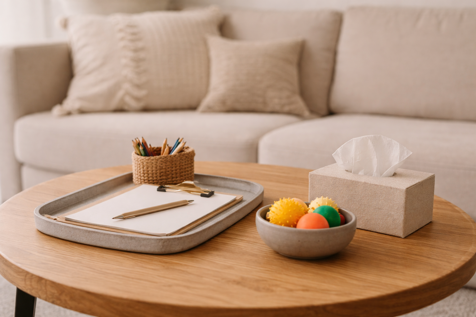 A wooden coffee table with various items on it including a gray tray with a pen, paper, and colored pencils, a small cup of colorful sensory ball toys, a tissue box, and a bowl of small textured balls, with a beige sofa and pillows in the background.