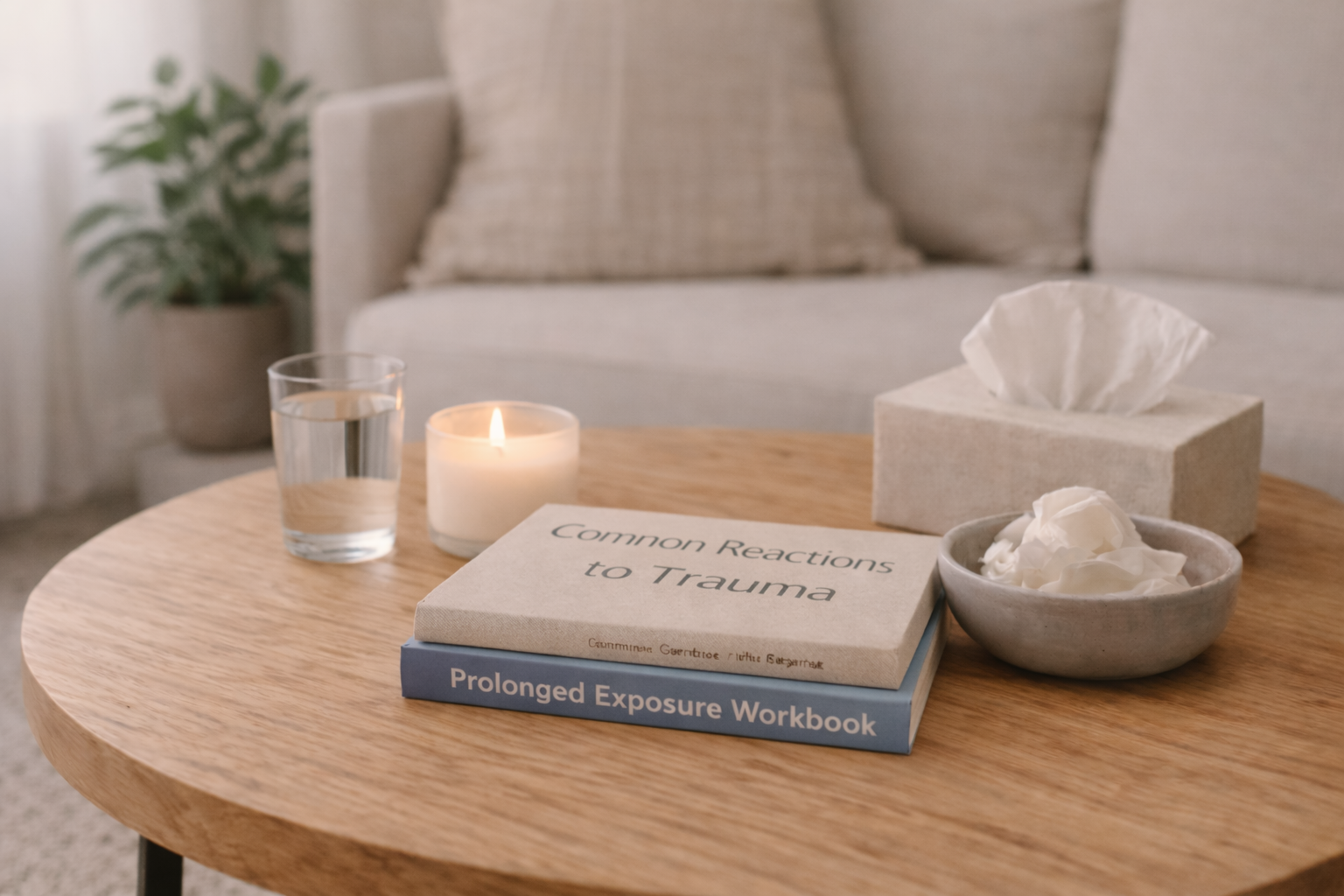 A round wooden coffee table with a candle, a glass of water, a tissue box, a bowl with paper tissues, and two books titled 'Common Reactions to Trauma' and 'Prolonged Exposure Workbook'. In the background, there is a beige sofa with pillows and a potted plant in the corner.