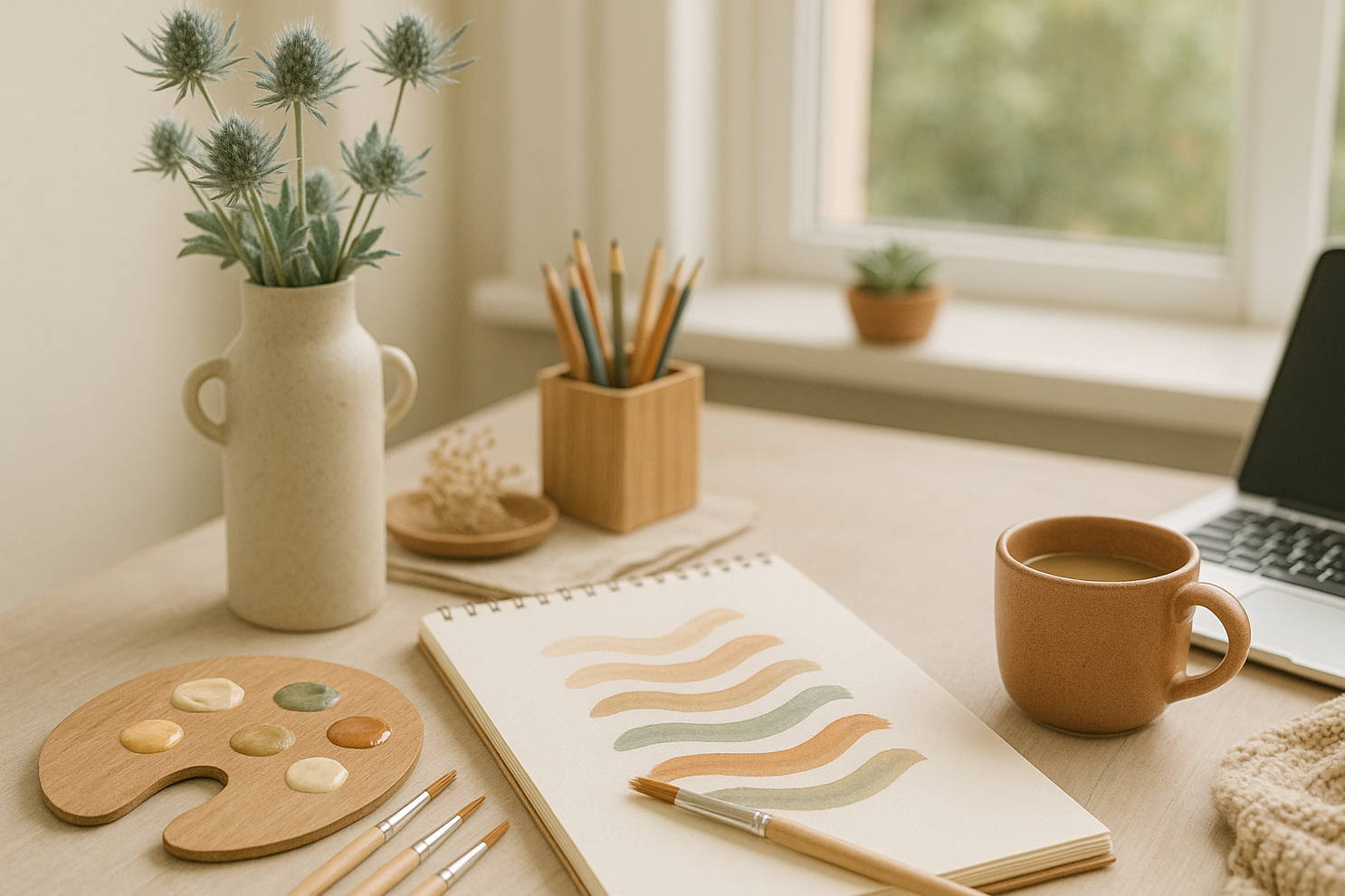 A workspace with an open sketchbook displaying watercolor brush strokes, a paint palette with mixed colors, brushes, a ceramic mug filled with tea or coffee, potted plants on a windowsill, a vase with greenery, a container holding colored pencils, and a laptop.