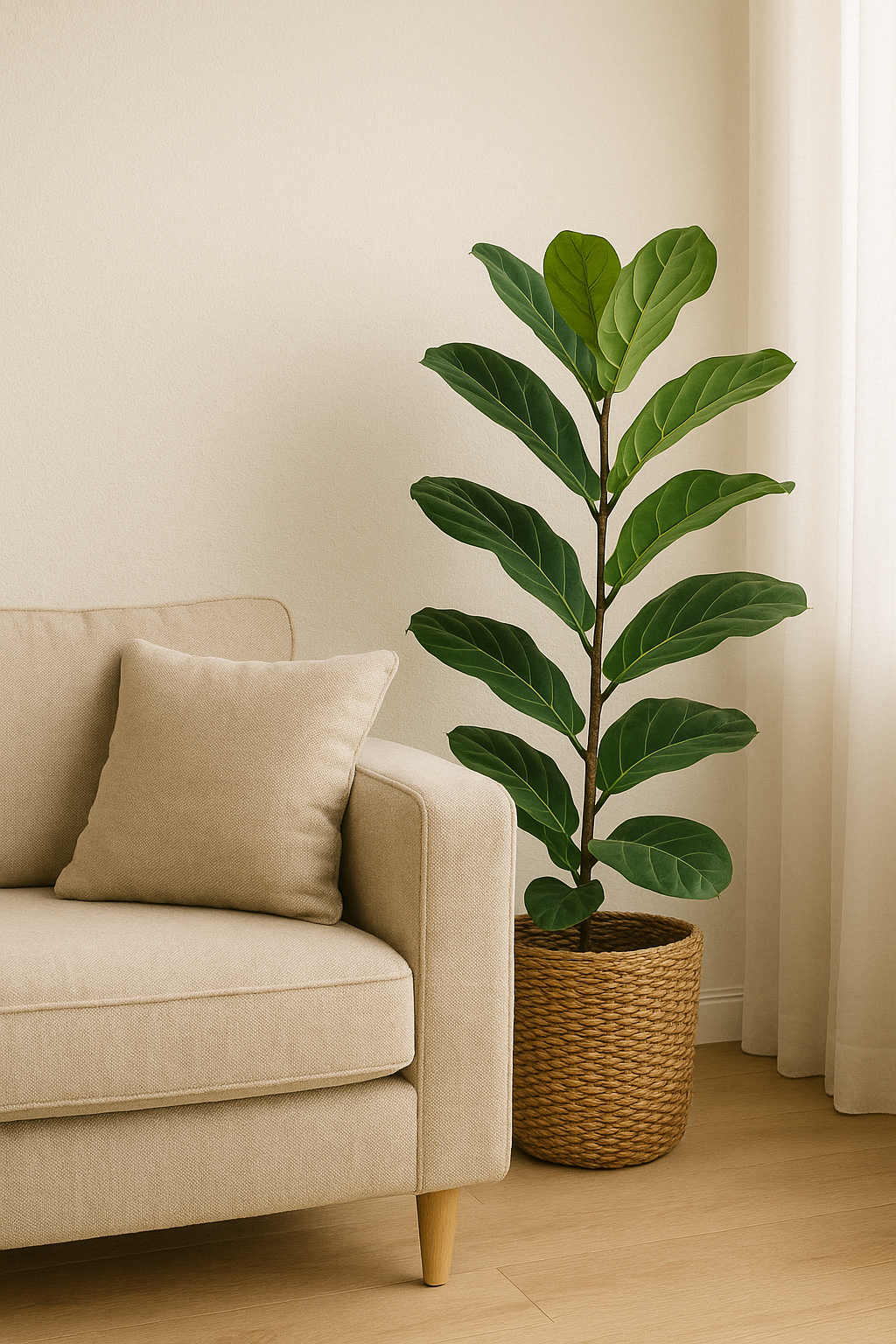 A beige sofa with a matching pillow next to a large potted green plant with broad leaves in a woven basket, set against a light-colored wall and white curtains.