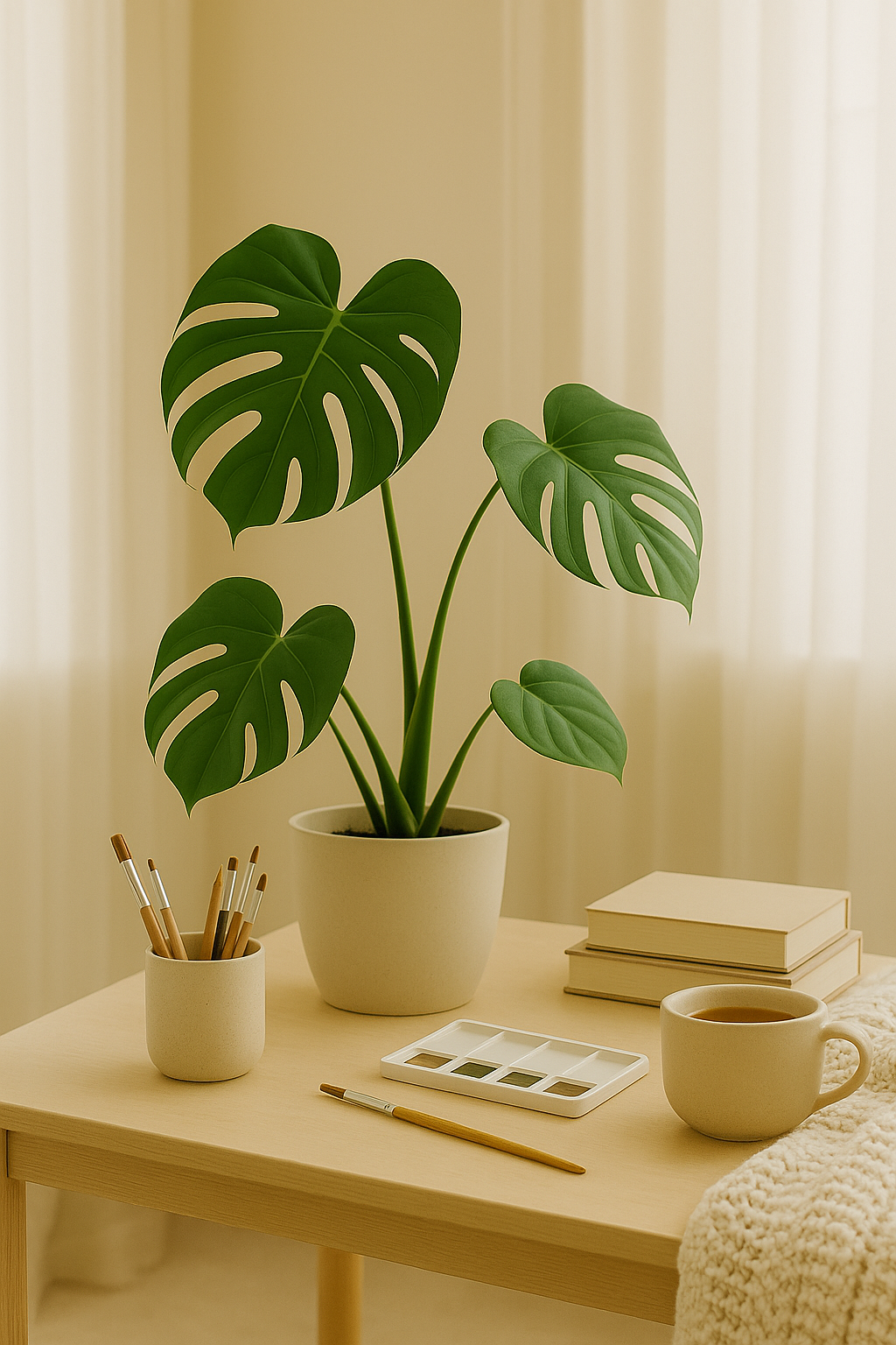 A desk with a potted Monstera plant, a small cup with paintbrushes, a watercolor palette, a mug of tea, two stacked notebooks, and a beige blanket.