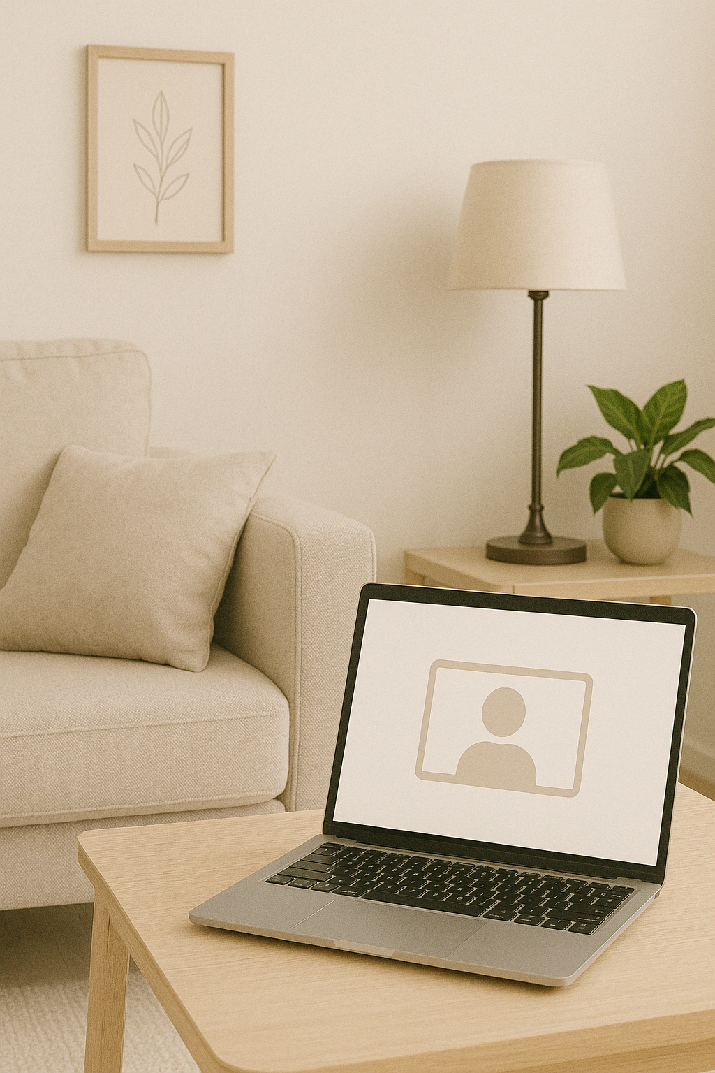 A laptop on a wooden table displaying a video call icon in a cozy living room with a beige sofa, cushion, table lamp, and potted plant.