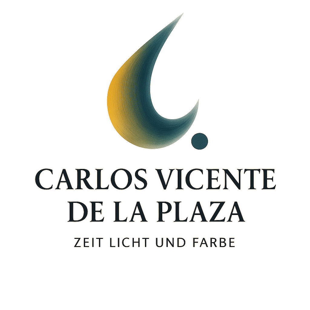 Ein Grafikdesign mit einer abstrahierten Uhr und dem Titel 'Carlos Vicente de la Plaza' und dem Untertitel 'Zeit, Licht und Farbe' auf einem schwarzen Hintergrund.