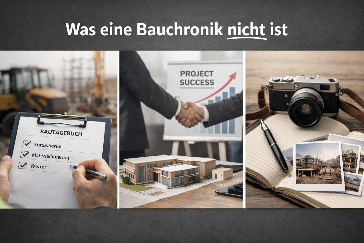 Das Bild zeigt drei Szenen: links eine Bauakte mit Checklisten, Mitte zwei Geschäftsleute beim Händeschütteln vor einem Projekt-Chart, rechts eine Kamera, Notizbuch, Fotos und ein Stift.