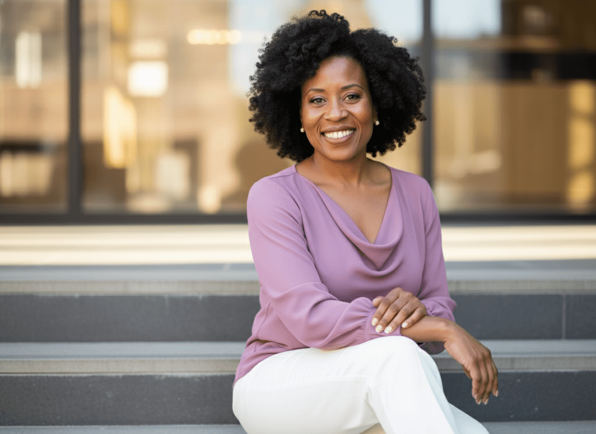 Pamela Oakes  sitting on steps outside a building with large windows, wearing a purple blouse and white pants.