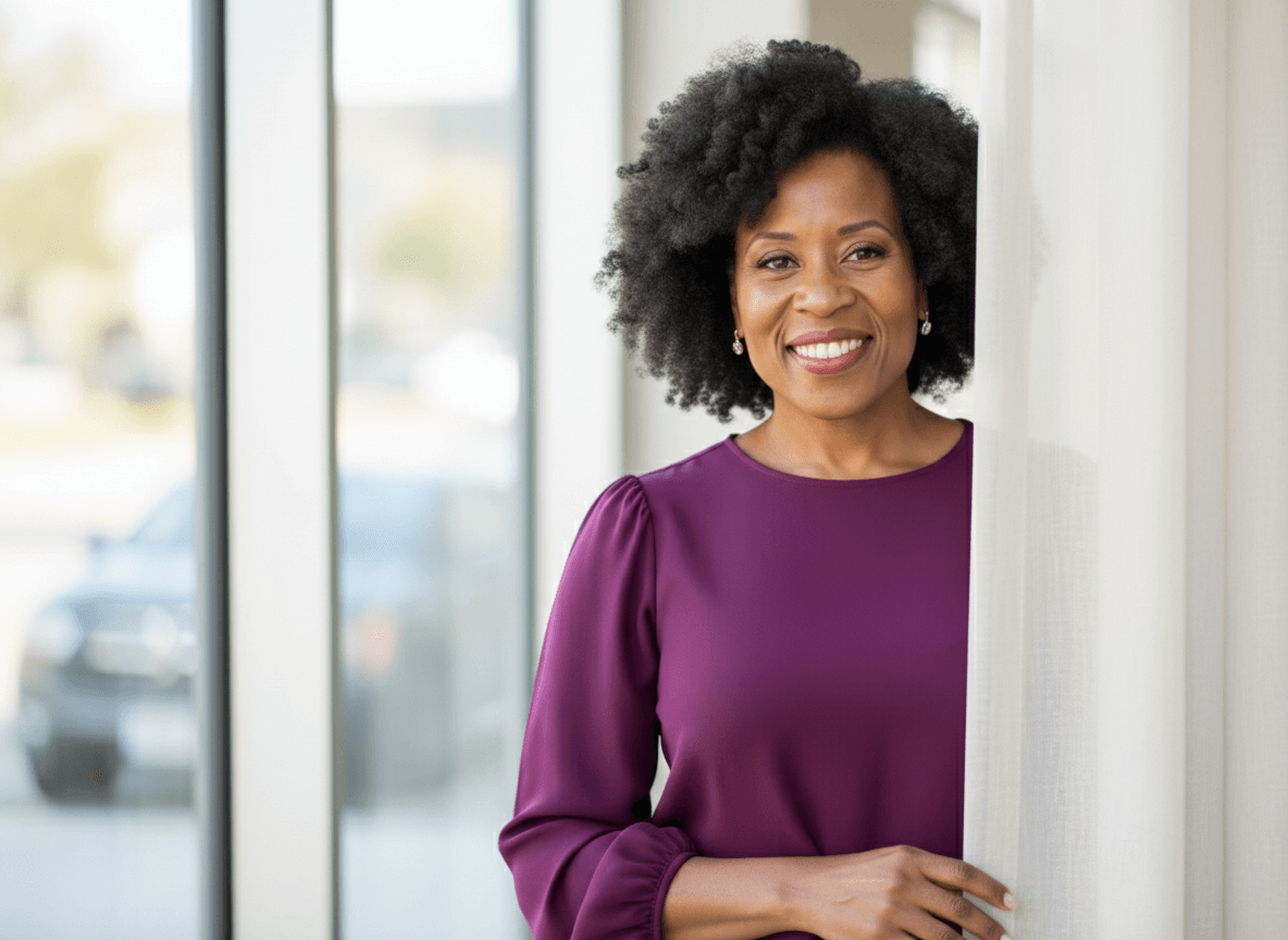 Pamela Oakes smiling and leaning against a wall, wearing a purple dress indoors near large windows.