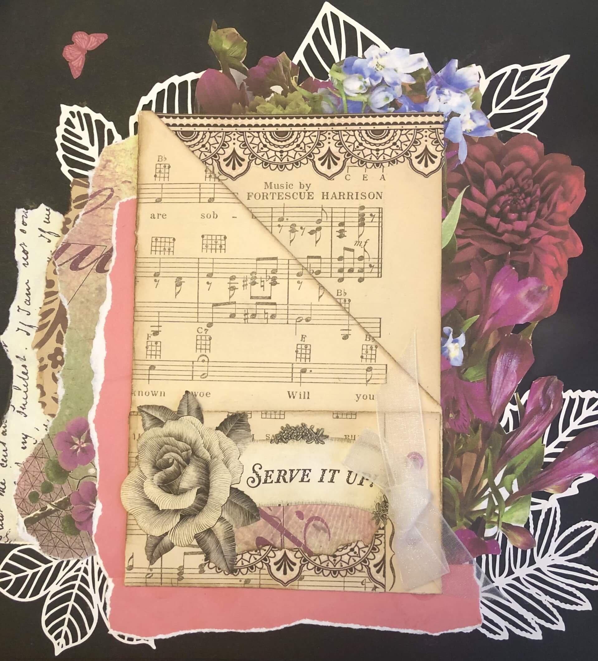 Mixed media collage with sheet music, floral illustrations, handwritten notes, and decorative elements on a black background.