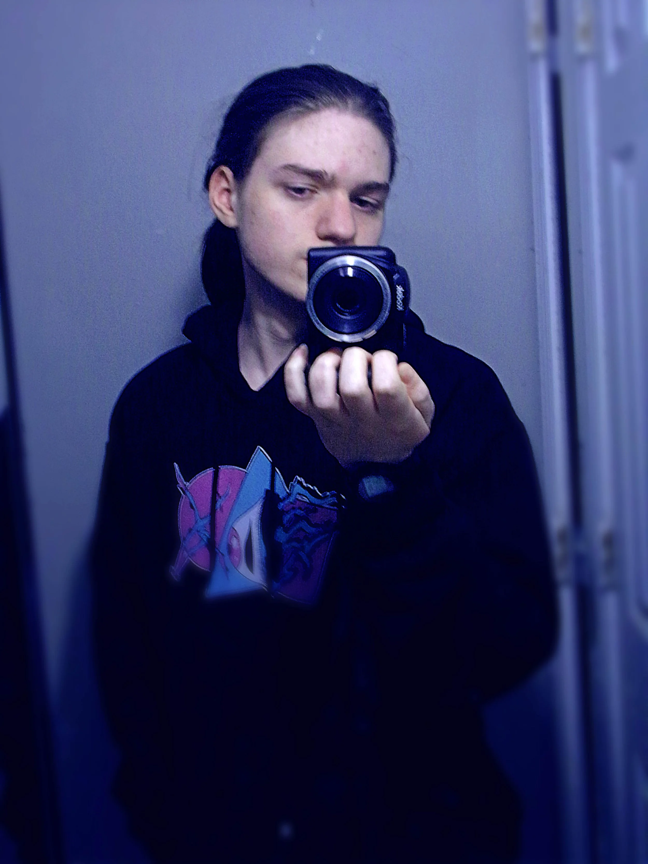 A person with long dark hair taking a mirror selfie with a camera in a changing room or an elevator, wearing a black hoodie with a colorful graphic on the front.