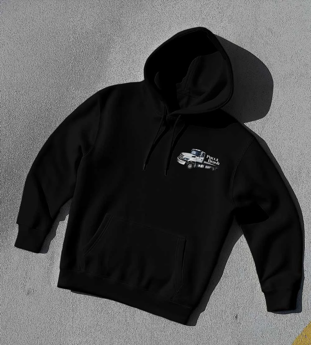 Black hoodie with a small embroidered truck and text on the chest.