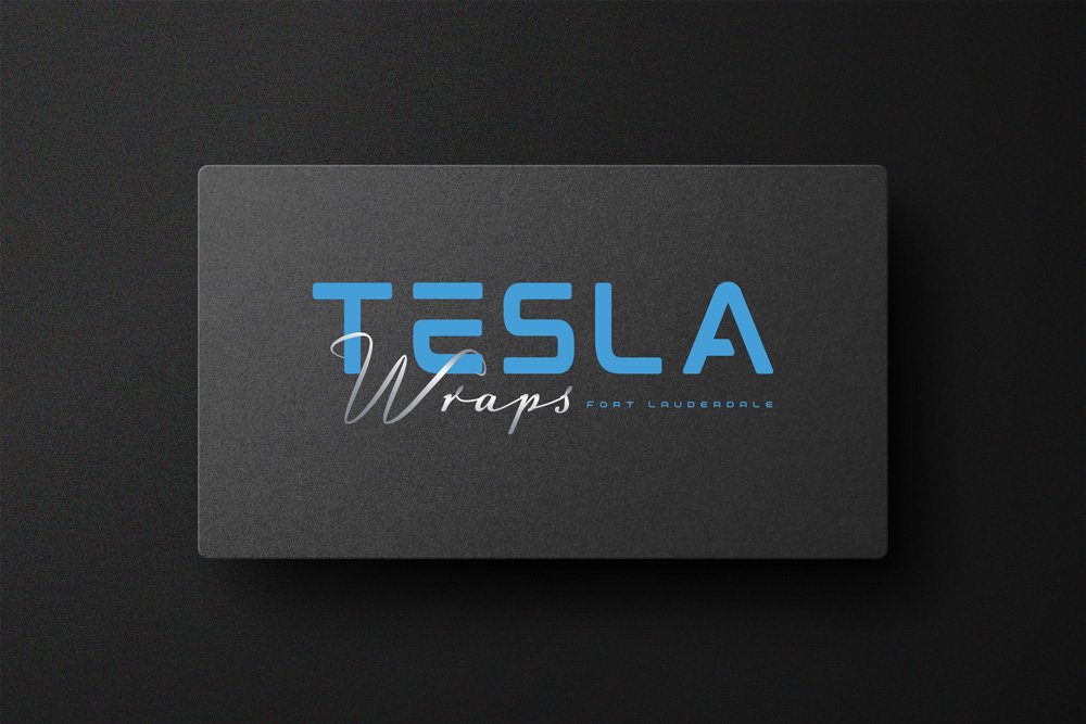 Business card for Tesla Wraps, Fort Lauderdale, with the company name in large blue letters and a black background.