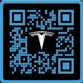 A blue QR code with the Tesla logo in the center.