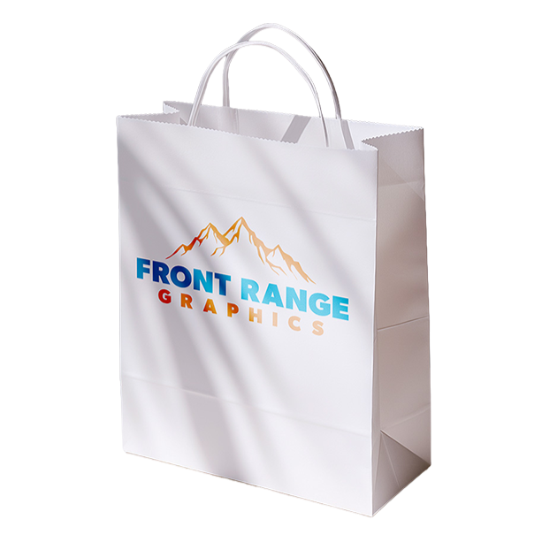 White shopping paper bag with handles, displaying a logo that reads 'FRONT RANGE GRAPHICS' with a mountain graphic above the text.