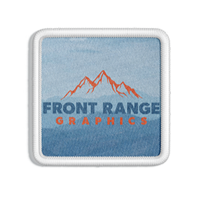Mountains with blue sky behind, text reads "FRONT RANGE GRAPHICS" with "FRONT RANGE" in blue and "GRAPHICS" in orange.