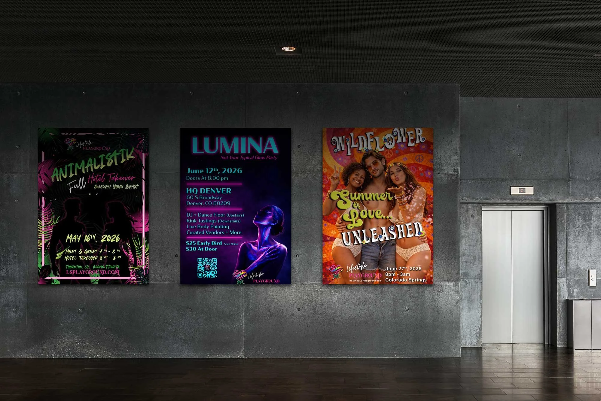 Three colorful posters advertising various events hang on a dark gray wall in an indoor space with a black ceiling and elevator doors to the right.