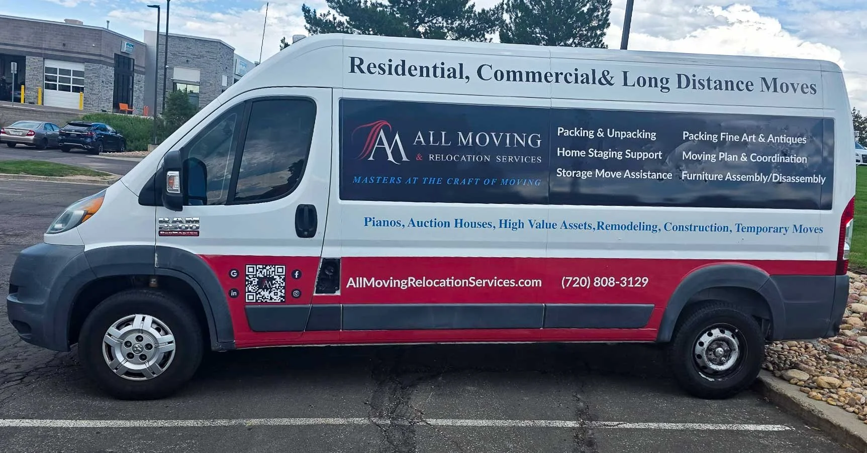 A white moving truck with red and blue accents. The truck advertises All Moving & Relocation Services, offering residential, commercial, and long-distance moving, packing and unpacking, home staging support, storage move assistance, furniture assembly and disassembly, and moving plan and coordination. The truck displays contact information: website AllMovingRelocationServices.com, phone number (720) 808-3129, and various social media icons.