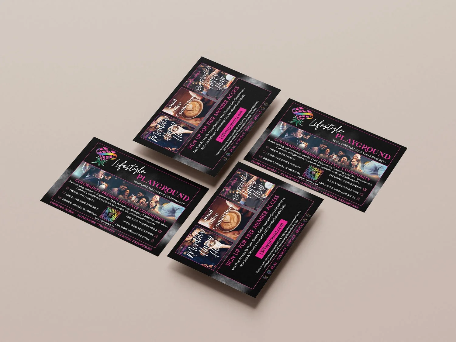 Three flyers for Lifestyle Playground, a community for upscaling lifestyle and entertainment in Colorado, featuring images of people socializing, a latte, and colorful graphics.