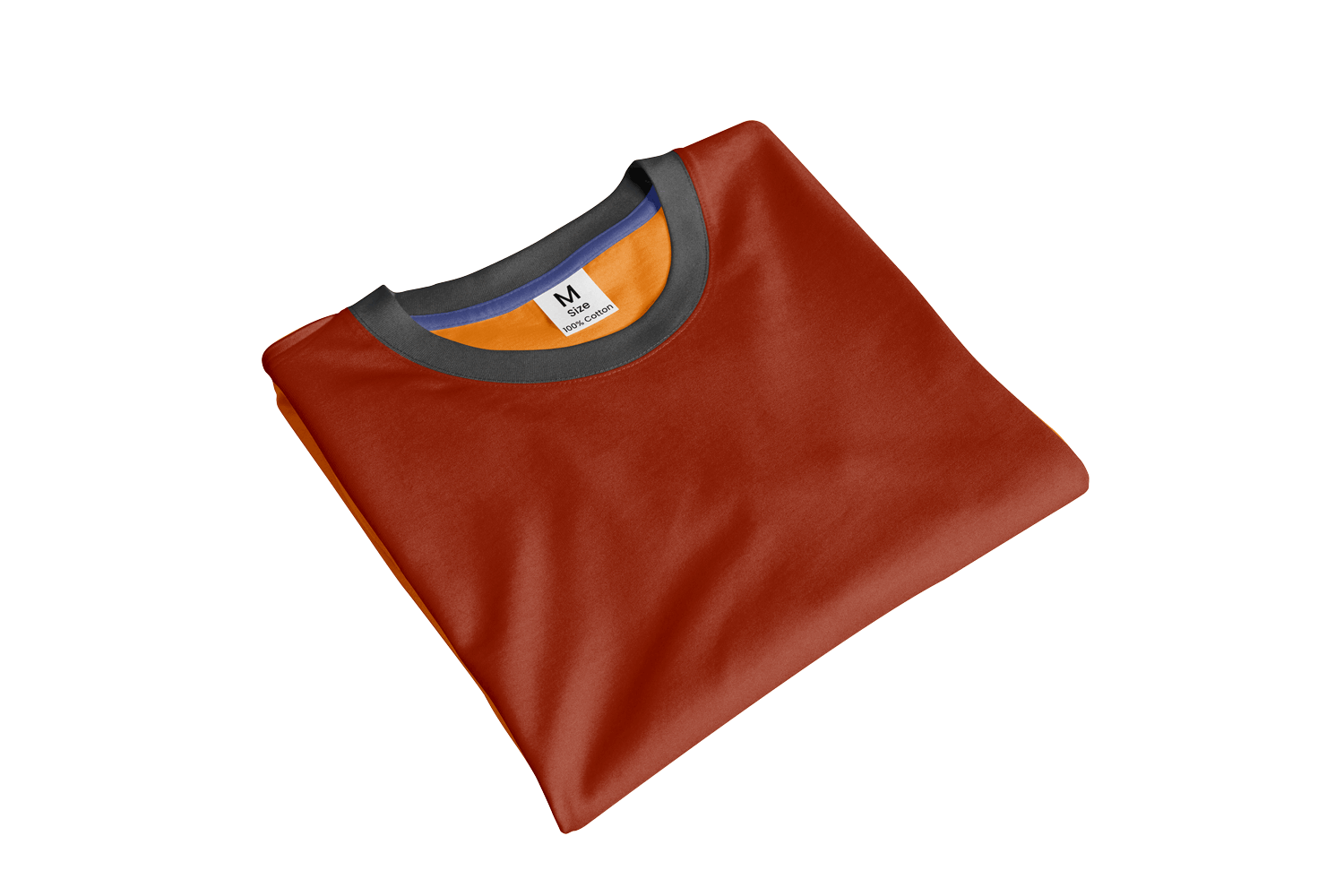 A neatly folded red faux leather T-shirt with a gray collar, an orange inner lining, and a size tag indicating medium and 100% cotton.