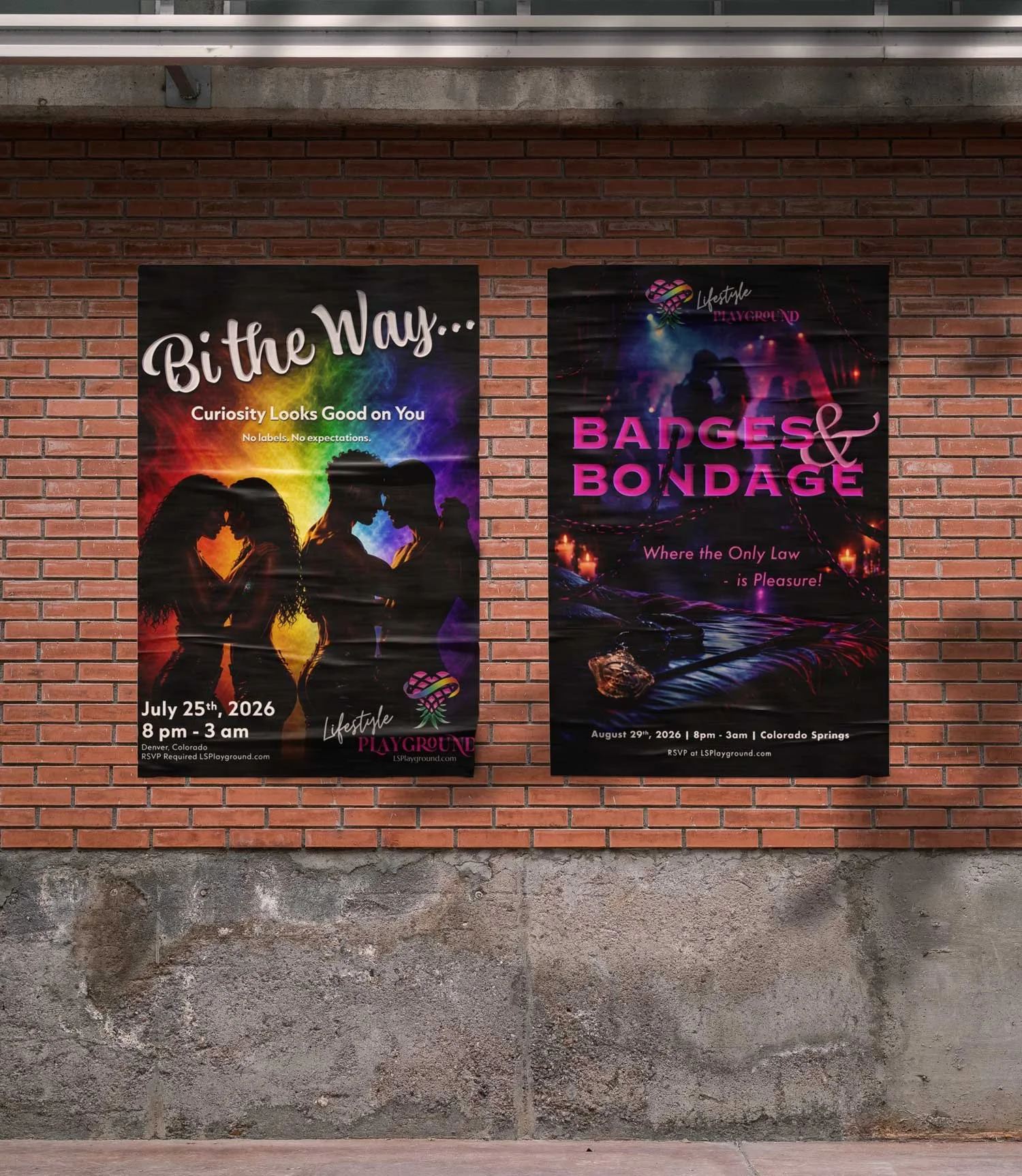 Two posters on a brick wall advertising events at Lifestyle Playground. The left poster promotes an event on July 25, 2026, from 8 pm to 3 am, with rainbow-colored graphics and silhouettes of two people with their foreheads touching. The right poster promotes an event on August 29, 2026, from 8 pm to 3 am, with dark background, colorful lights, and silhouettes of two people with chained hands, along with the text 'Badges & Bondage' and a tagline about legal pleasure.
