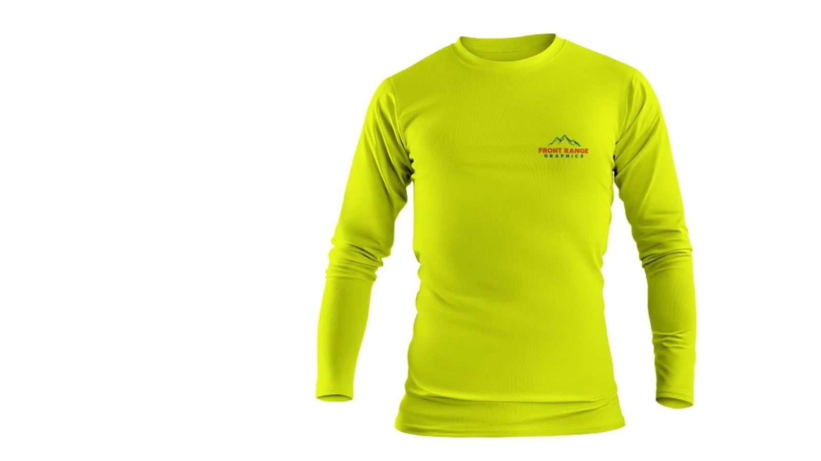 Bright yellow long-sleeve athletic shirt with logo reading 'Front Range Graphics' and a mountain graphic on the upper left chest.