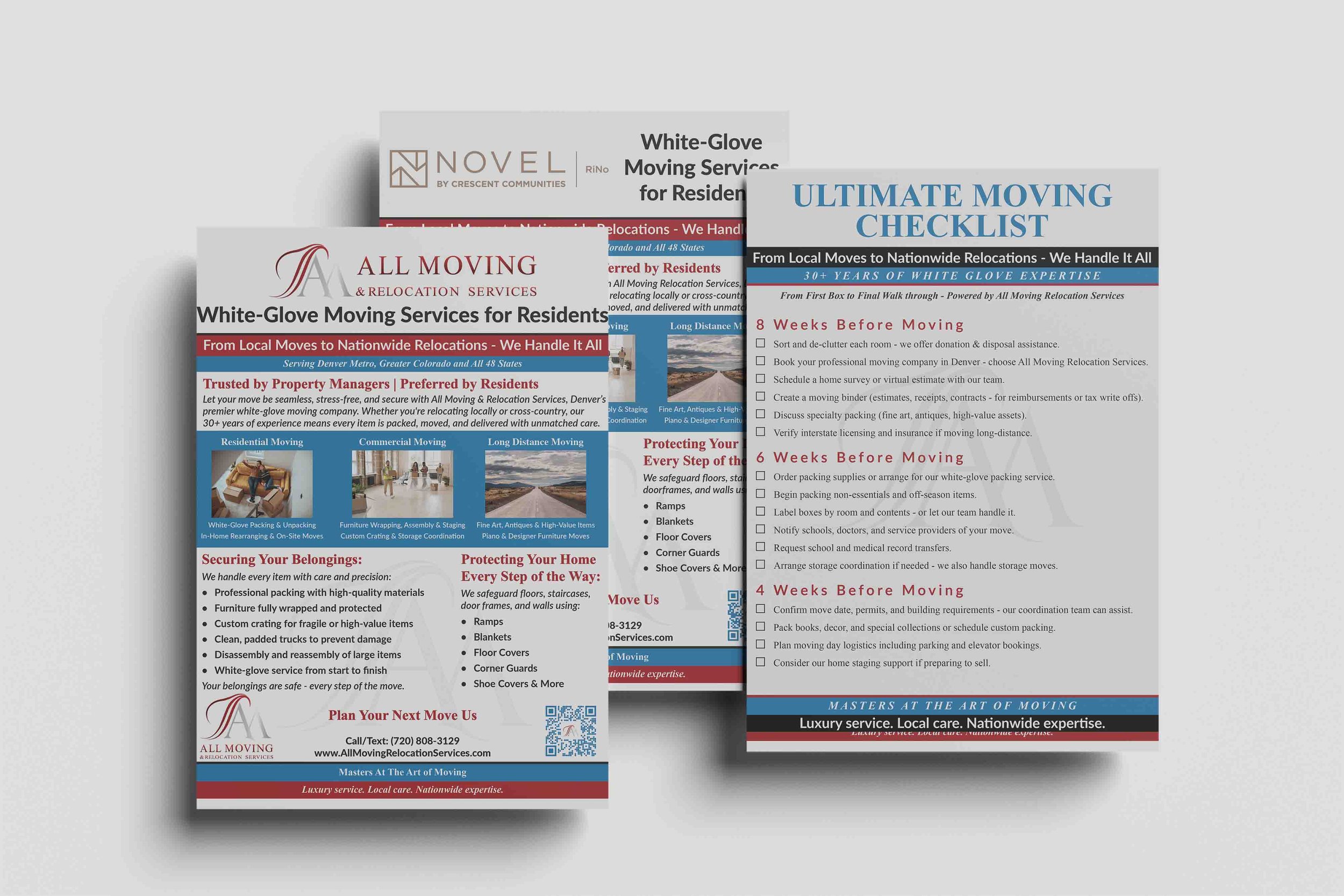 Two overlapping informational flyers advertising moving and relocation services, featuring company names, contact information, and checklists for moving preparation, with a color scheme of blue, red, gray, and white.