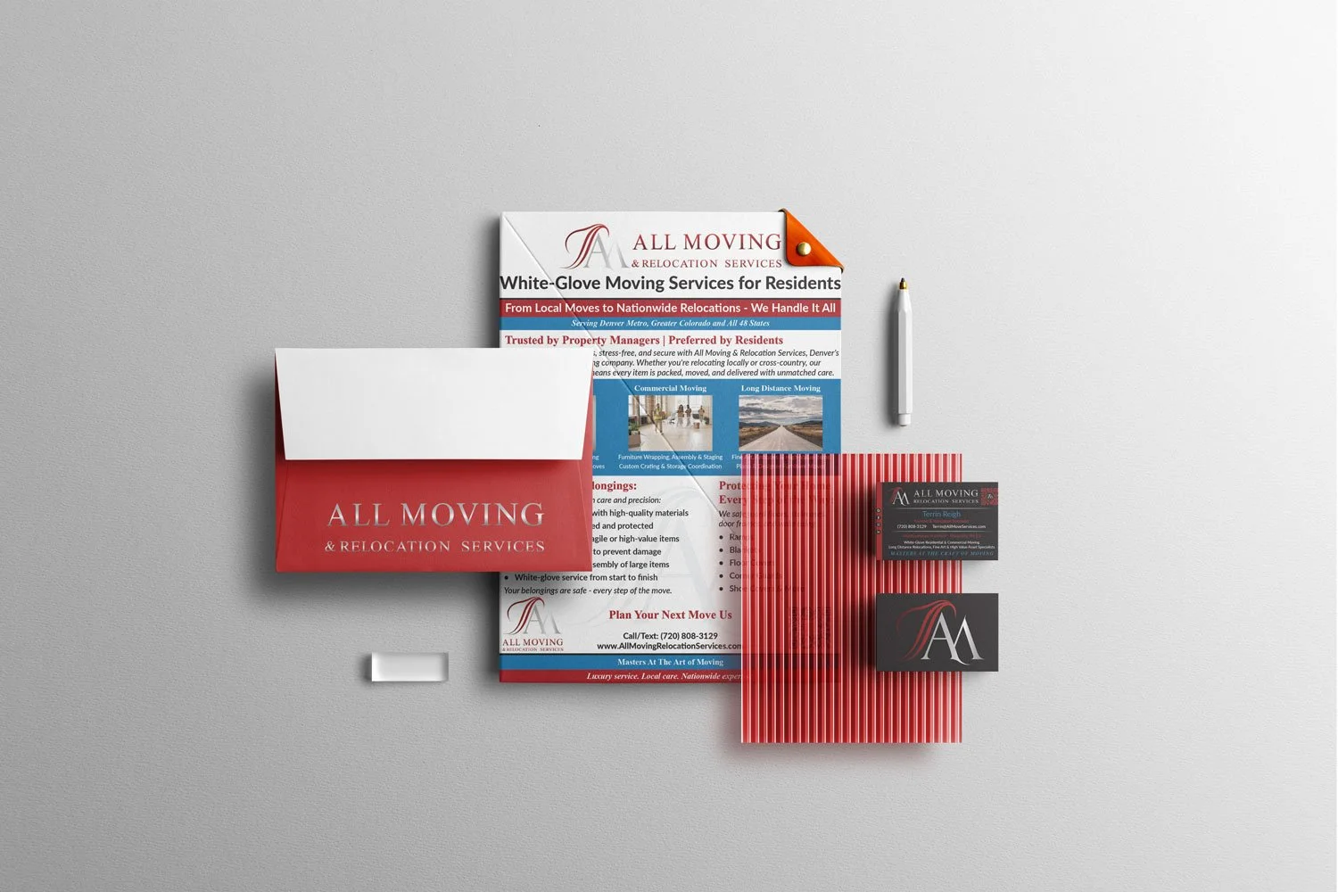 Business stationery for 'All Moving & Relocation Services,' including a folder, flyer, business cards, and a pen, all with red, black, and white branding.
