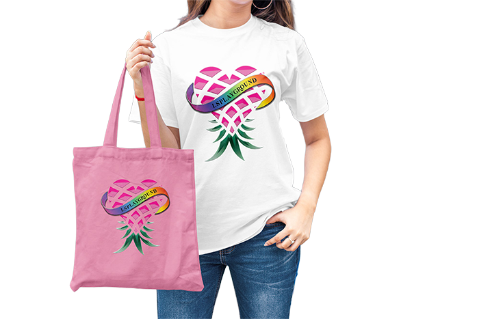 A woman wearing a white t-shirt with a colorful heart-shaped logo and holding a pink tote bag, both featuring the same design.