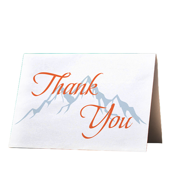 A thank you card with a mountain and tree design in the background.