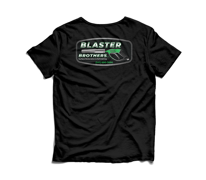 Black T-shirt with the logo and text for Blaster Brothers surface restoration and refinishing, including a phone number.