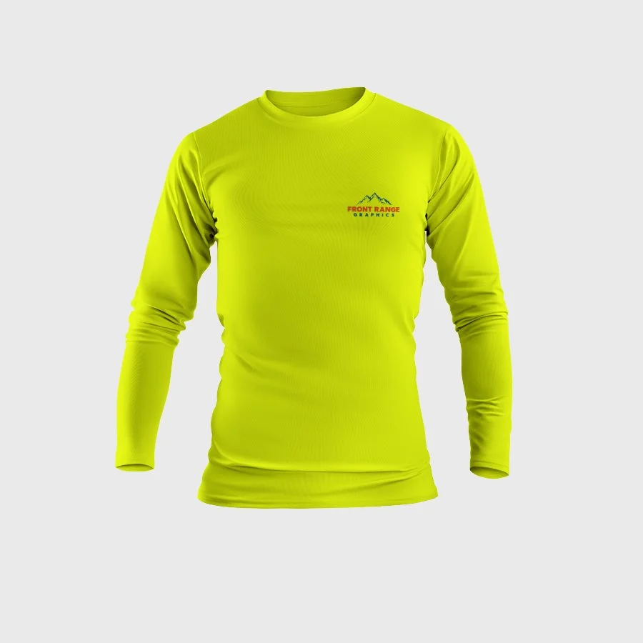 Bright yellow long-sleeve athletic shirt with a logo reading "Front Range Graphics" and a mountain design on the upper left chest.