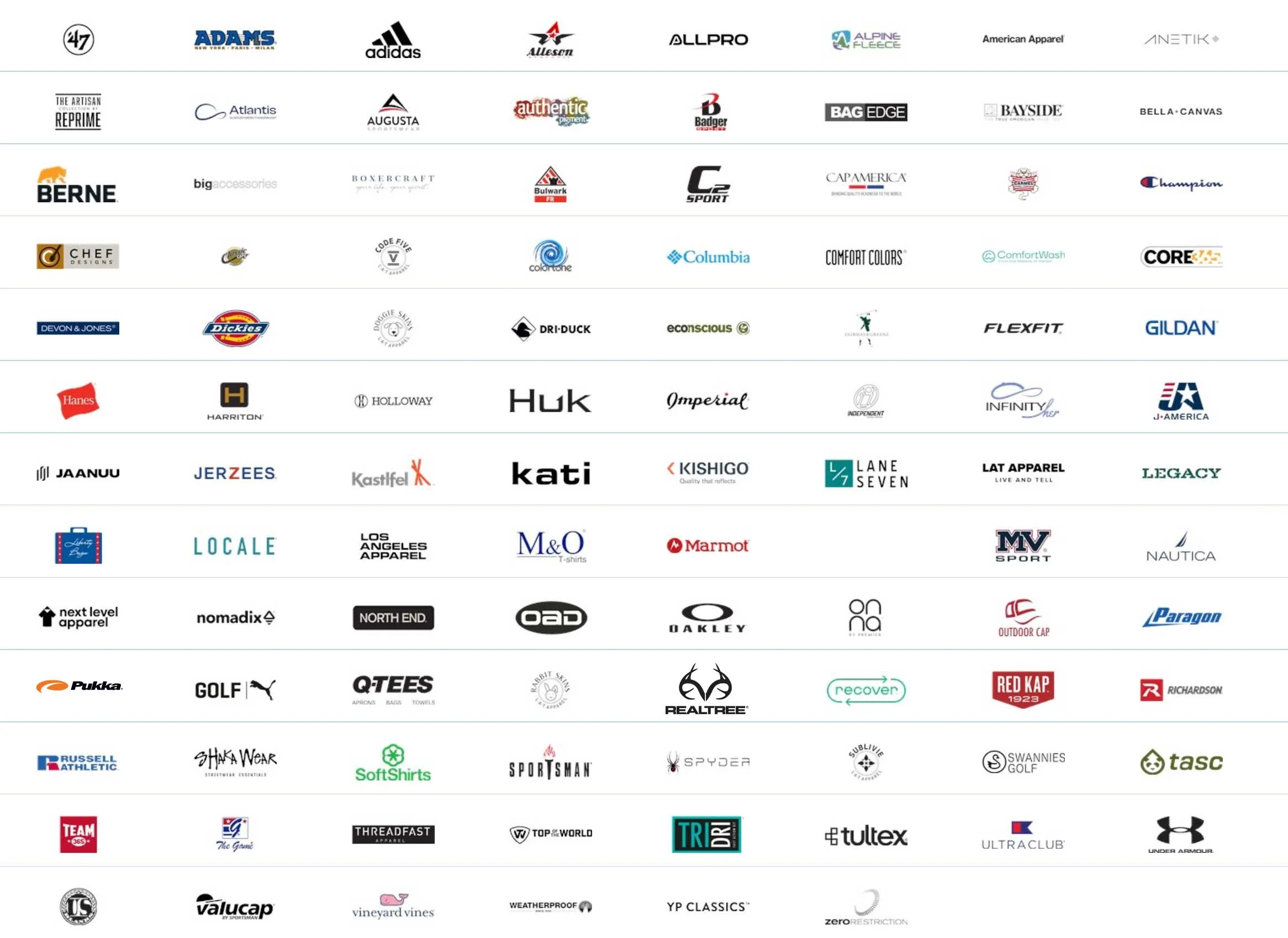 A collection of various brand logos arranged in rows, including outdoor, sportswear, apparel, and accessories brands.