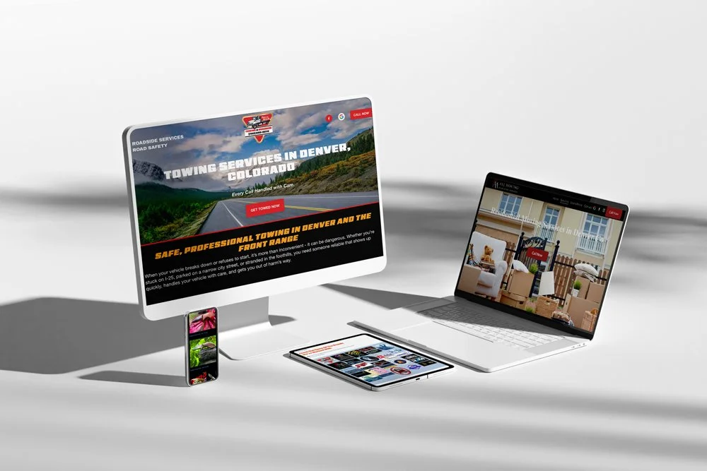 Multiple electronic devices on a white surface including two monitors, a laptop, a tablet, and a smartphone. The monitors display websites related to towing services in Denver, Colorado.