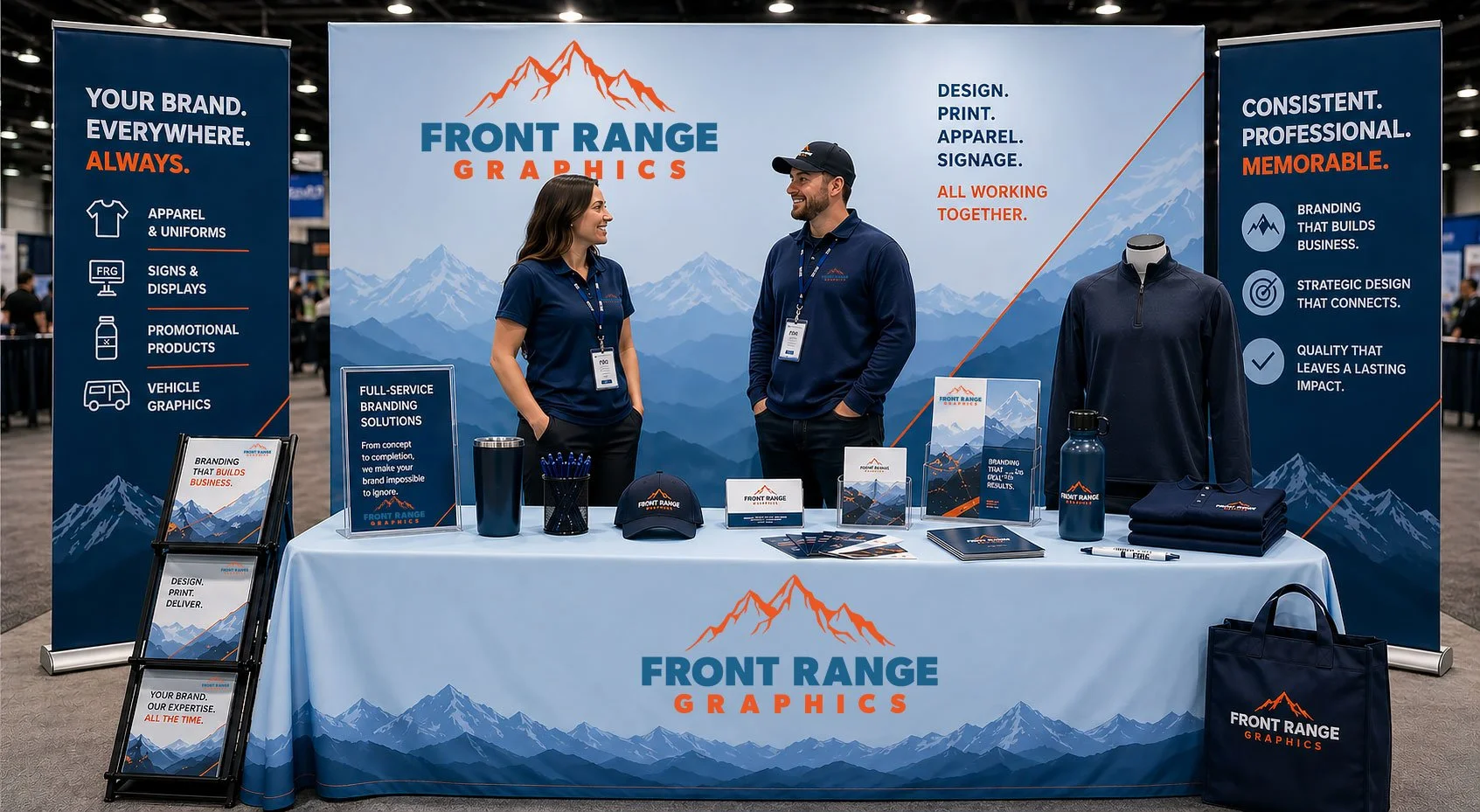 Trade show booth for Front Range Graphics with two representatives, promotional materials, apparel, water bottles, and banners highlighting branding services, set in an exhibition hall.