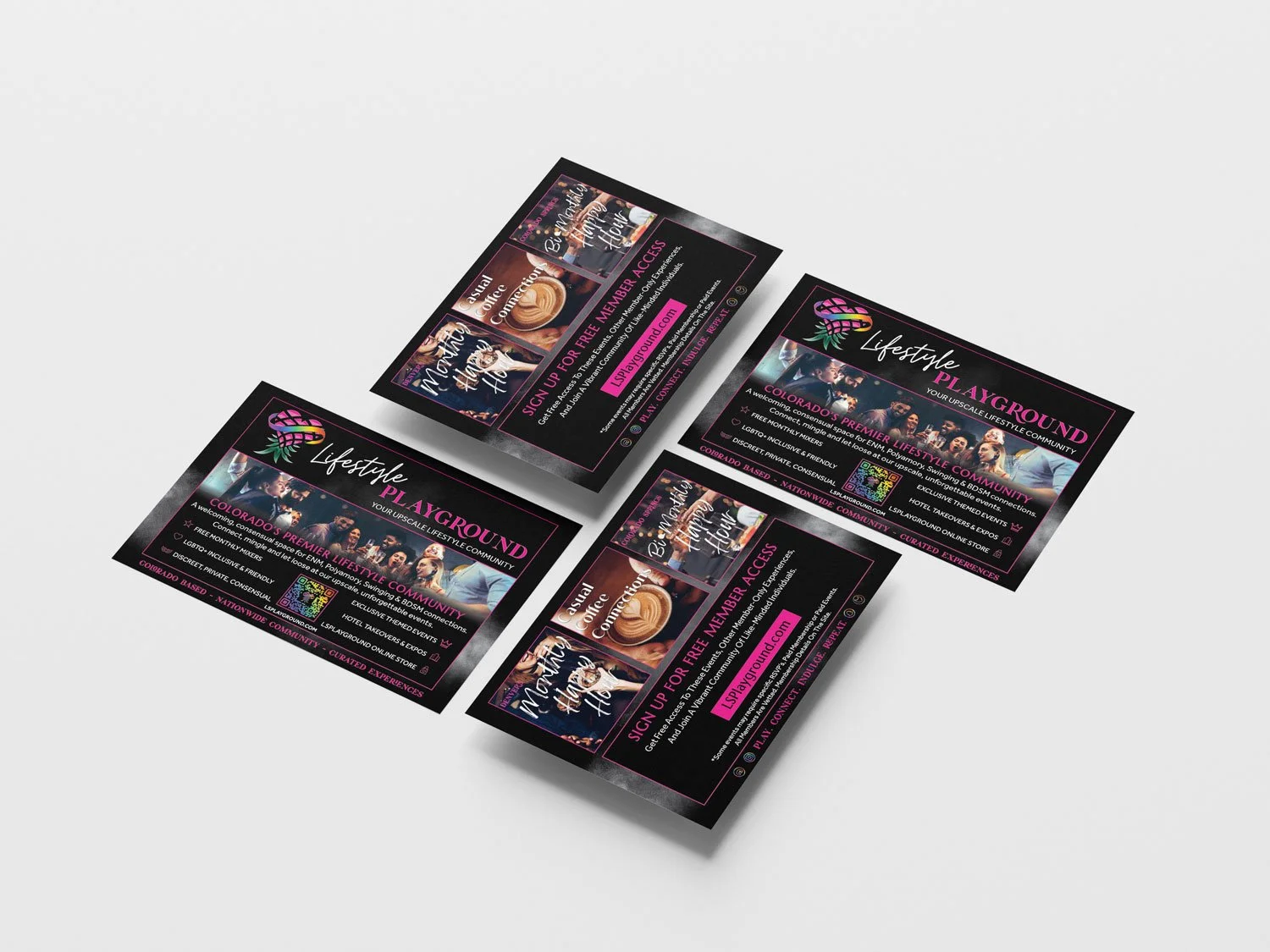 Three flyers for Lifestyle Playground, a community for Colorado-based adults, featuring images of people at social events and text promoting membership and events.