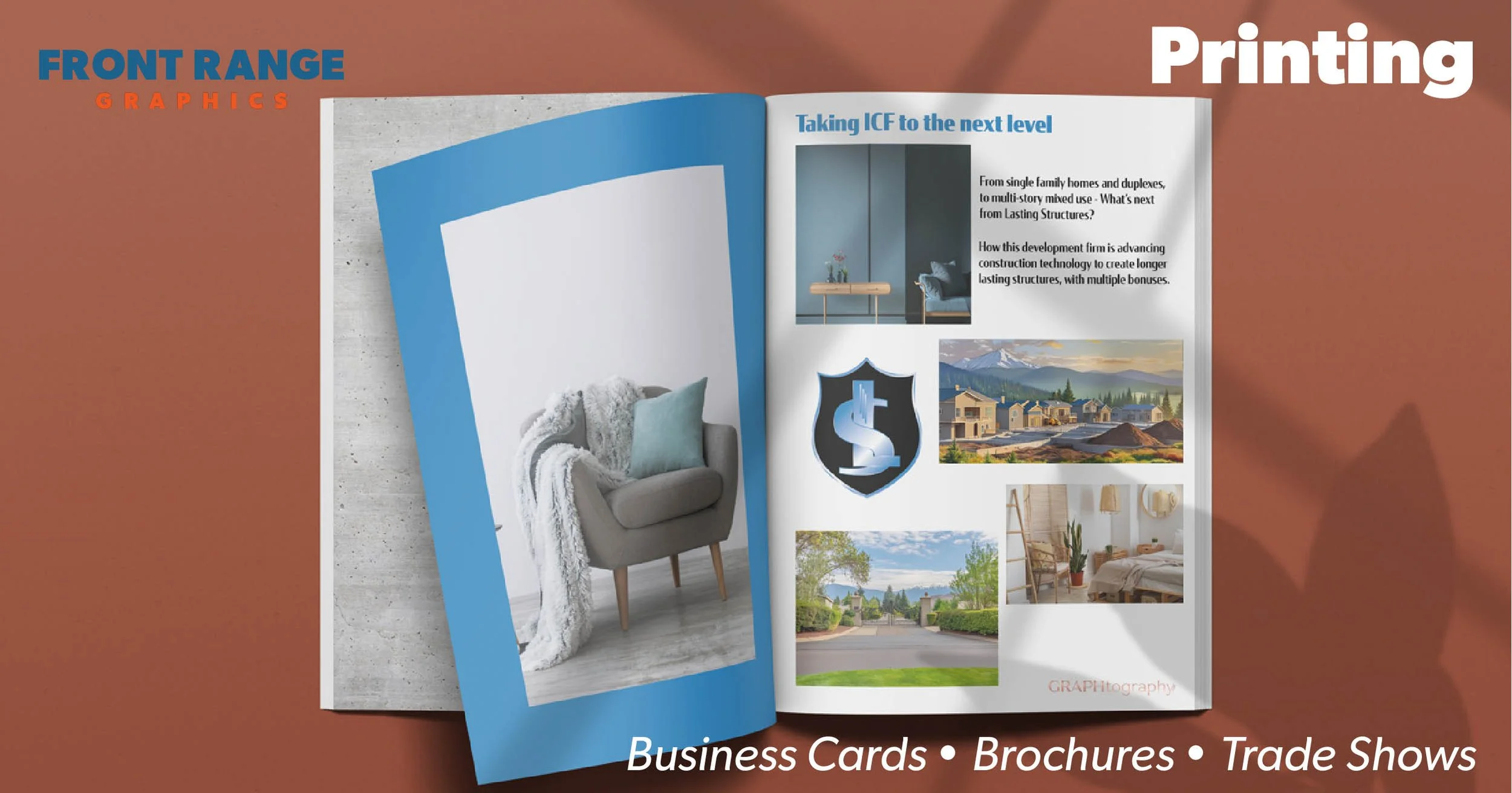Open magazine displaying interior and exterior design images on glossy pages, with text about business cards, brochures, trade shows, and home construction.