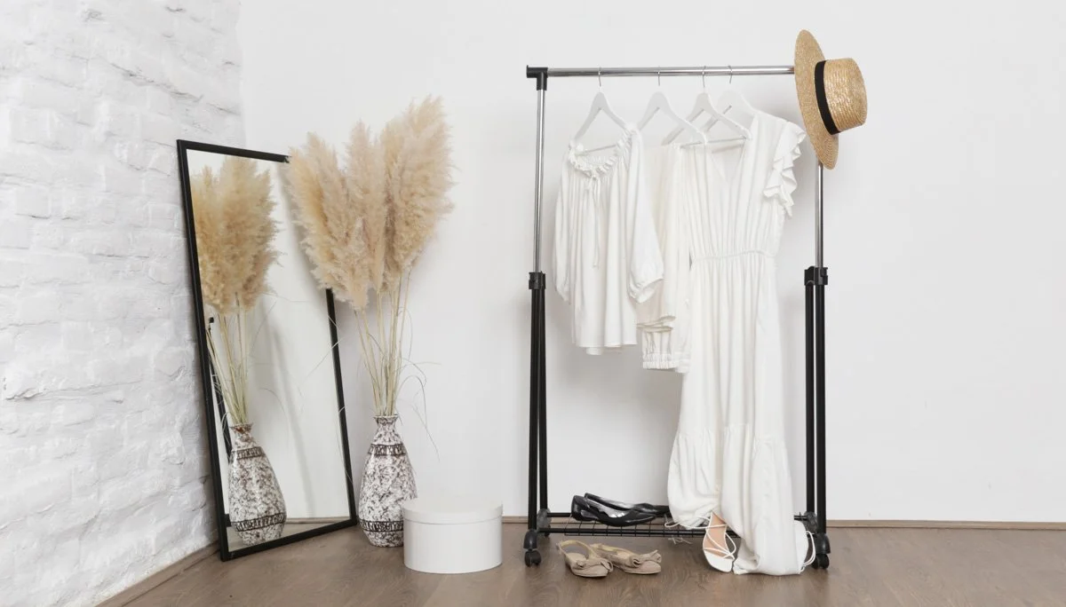 A clothing rack with white dresses and tops, a straw hat hanging on the side, a pair of shoes on the floor, a mirror leaning against a white brick wall, and pampas grass in a decorative vase.