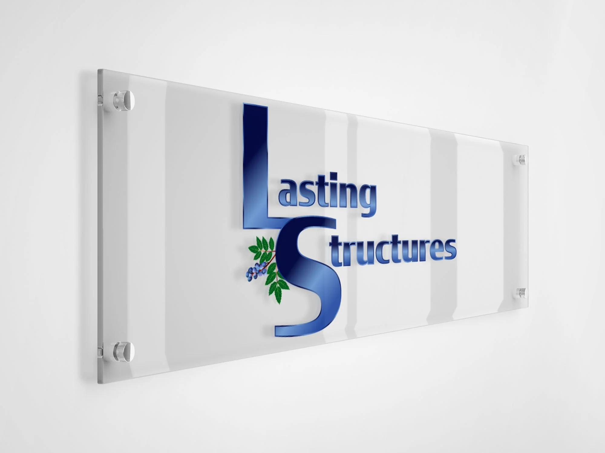 A clear acrylic sign with the logo and text for 'Landing Structures' mounted on a white wall.