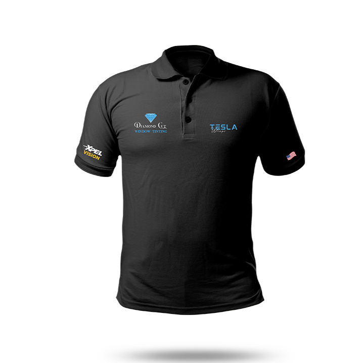 Black polo shirt with multiple sponsor logos, including Tesla, Diamond G Window Tinting, and Fuel Vision, featuring a small American flag patch on the sleeve.