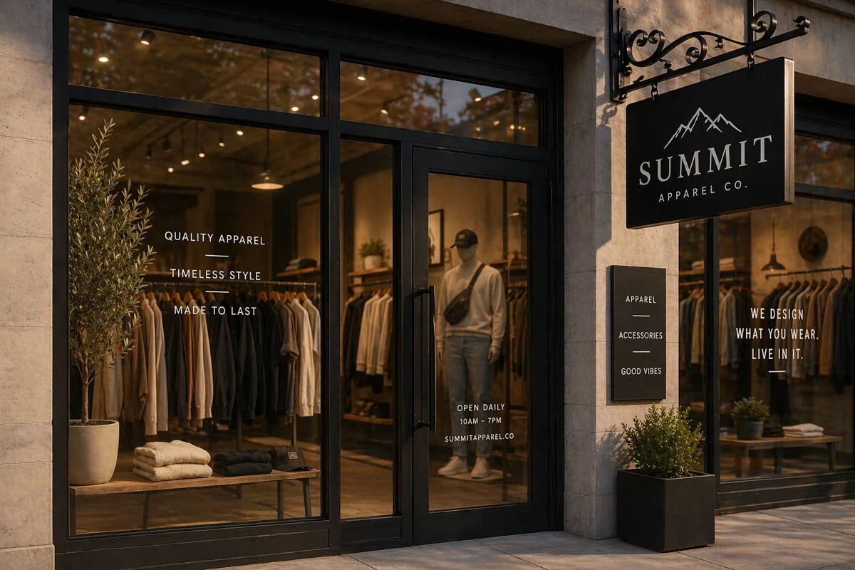 Storefront of Summit Apparel Co. with glass windows showing clothing displays and mannequins inside. Sign on the glass door lists store hours and website. Potted plants outside the entrance with a black hanging sign advertising apparel, accessories, and good vibes.