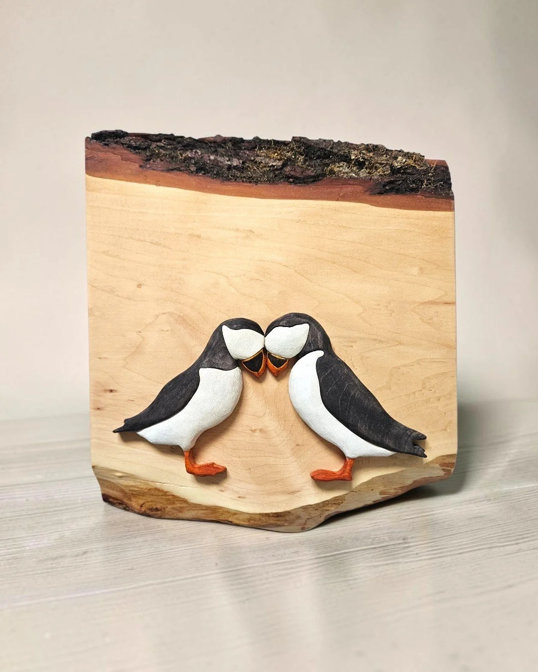 Puffin Pair — Handcrafted Scottish Wood Original Art
