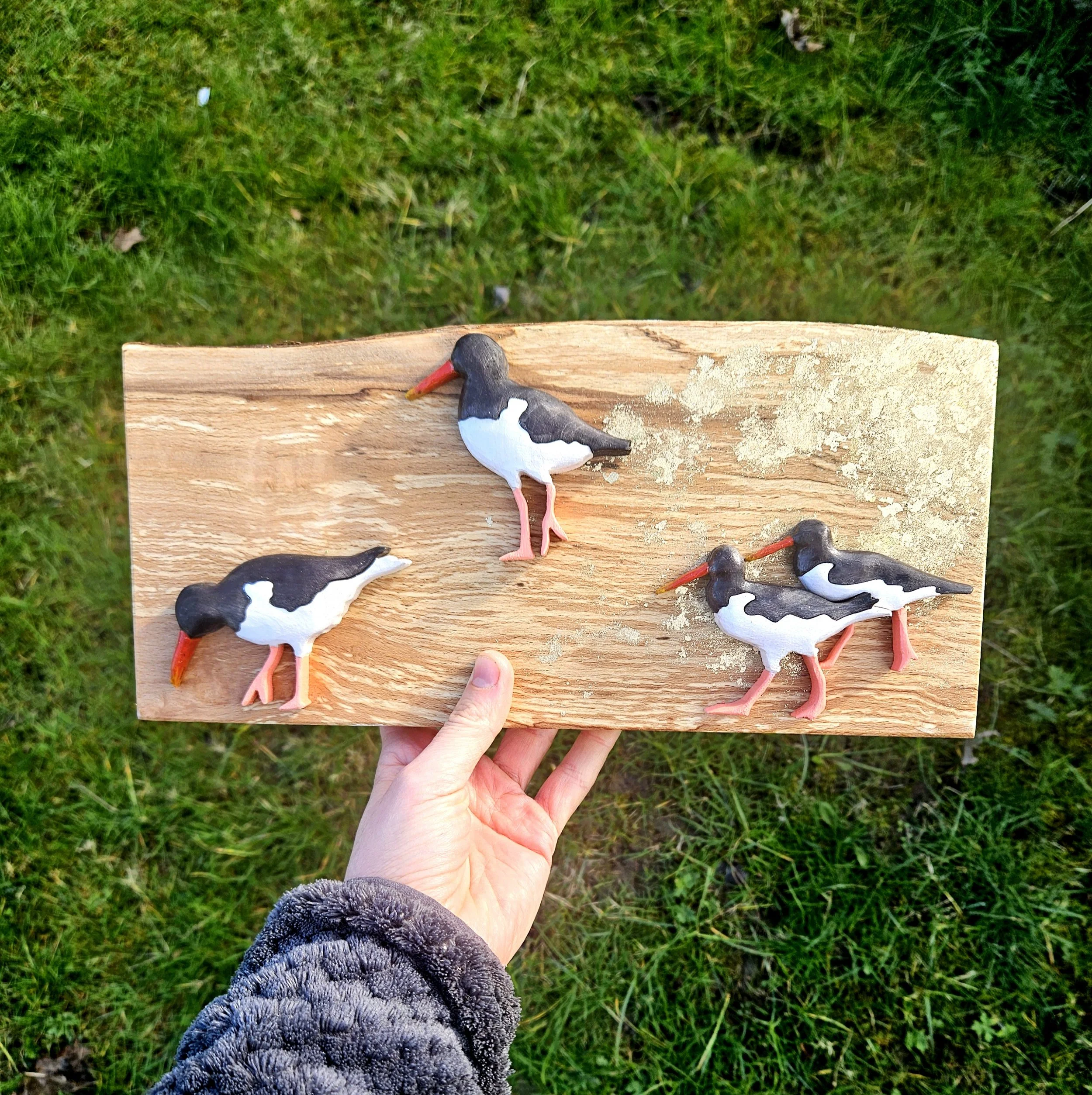 Oystercatchers on the shoreline— Handcrafted Scottish Wood Original Art