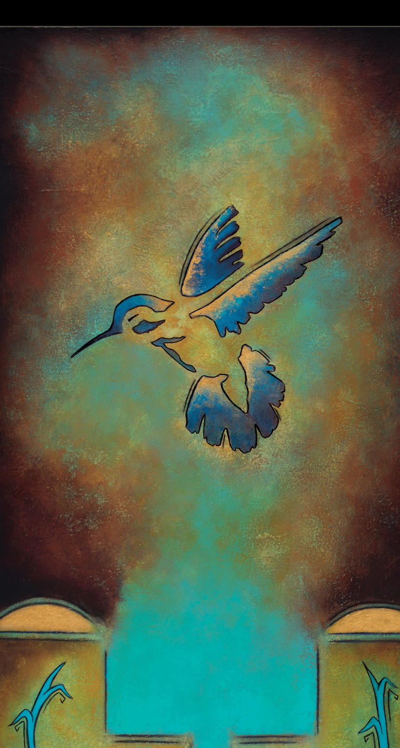 A stylized drawing of a hummingbird with wings outstretched, flying above an arched window, with a colorful, textured background in shades of green, yellow, and brown.