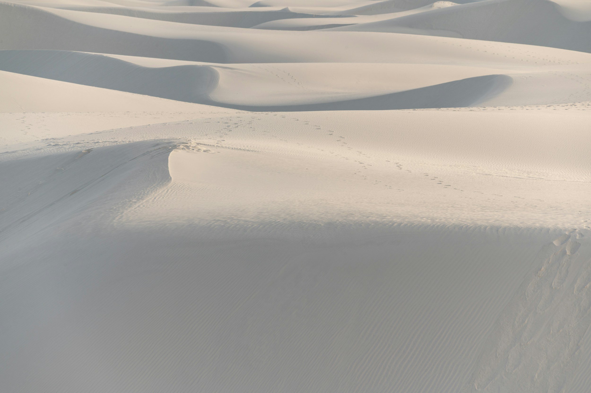 Snow-covered sand dunes with footprints and tracks.
