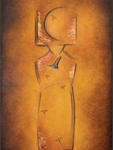 Abstract art of a faceless woman with a square head, wearing a dress with a blue bird, set against a textured yellow background.