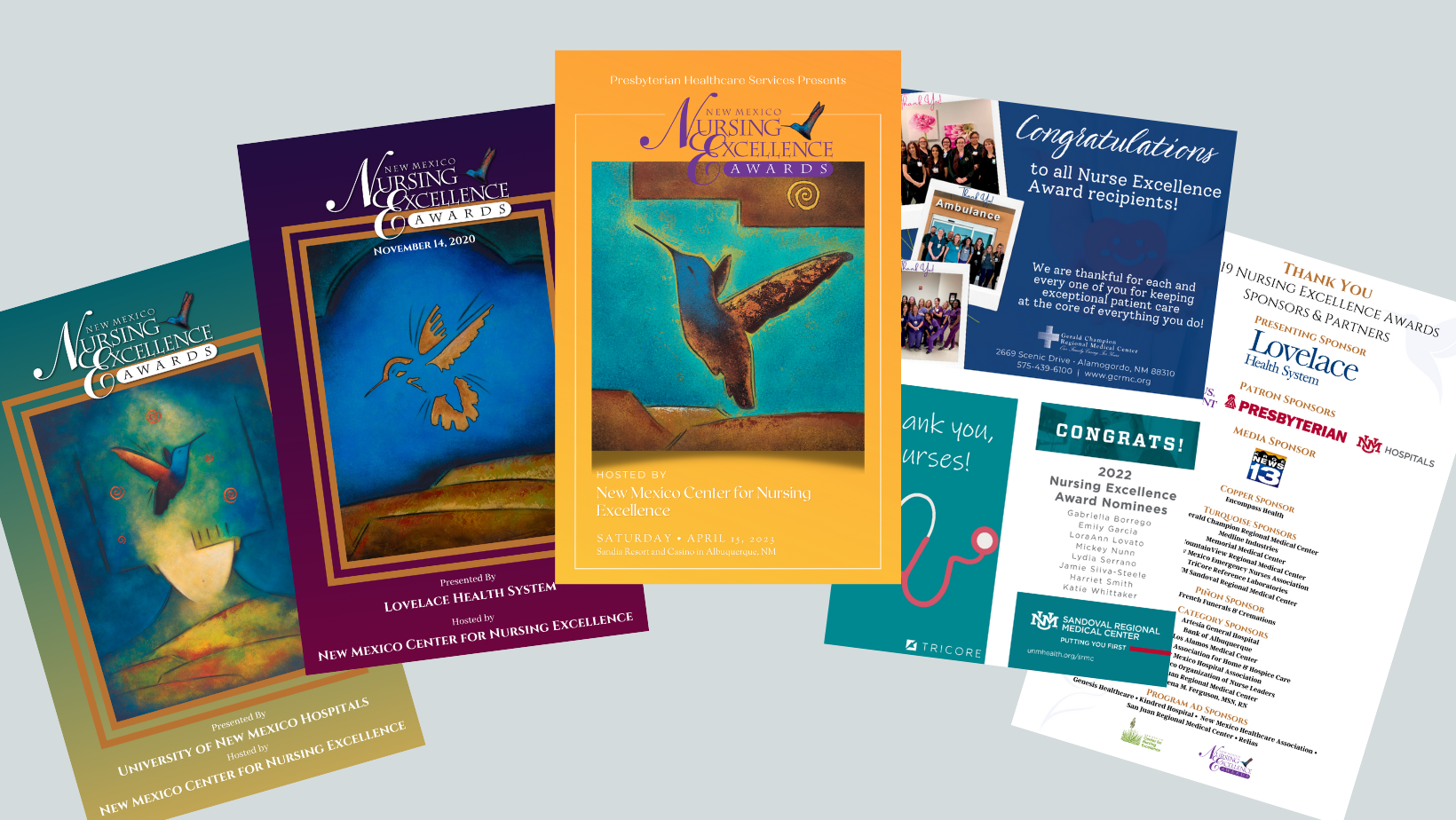 Collection of flyers and posters for the New Mexico Nursing & Excellence Awards, featuring hummingbird artwork, event dates, sponsors, and congratulatory messages.
