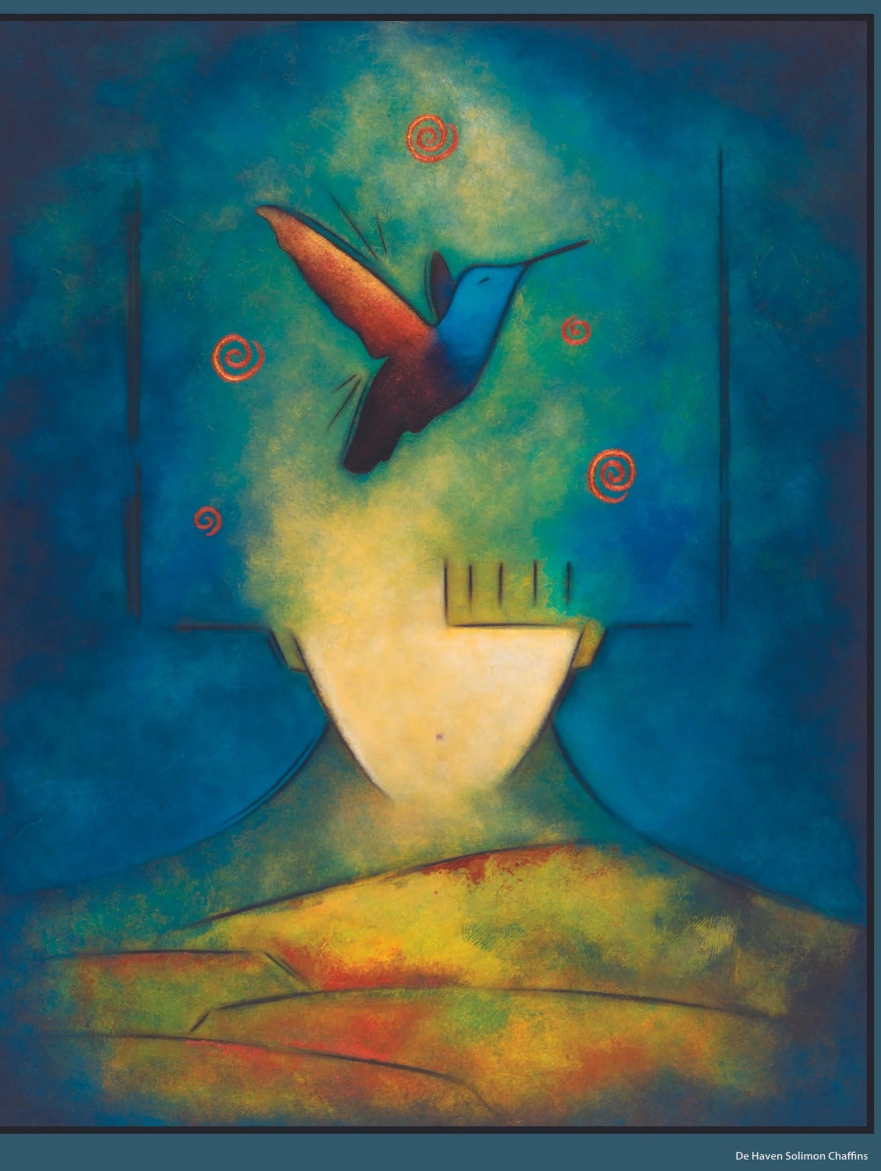 Abstract painting of a hummingbird flying above a pot with swirling patterns in the background.